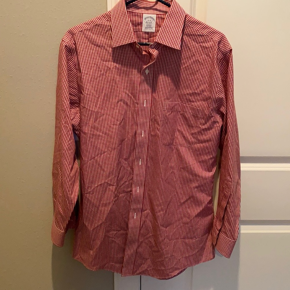 Crimson gingham dress shirt worn once